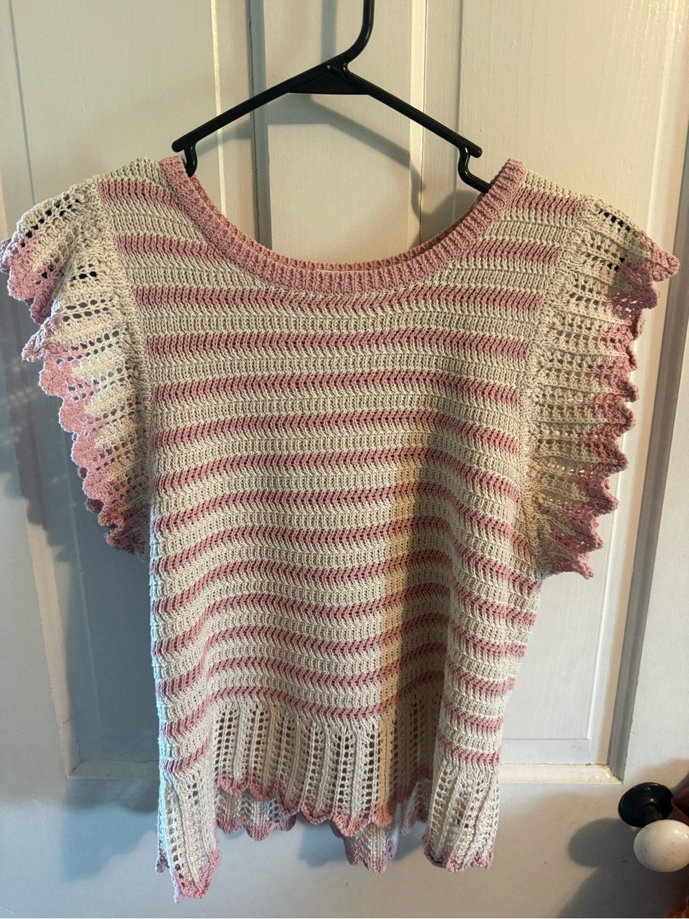 Boutique Striped Crochet Knit Top in Pink and Cream